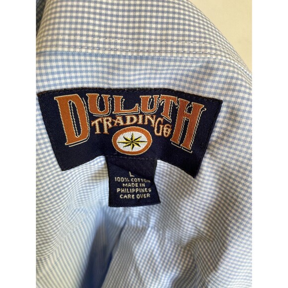 Duluth Trading Button Down Shirt Men Size L White & Blue Checkered Plaid Gingham - Picture 6 of 7